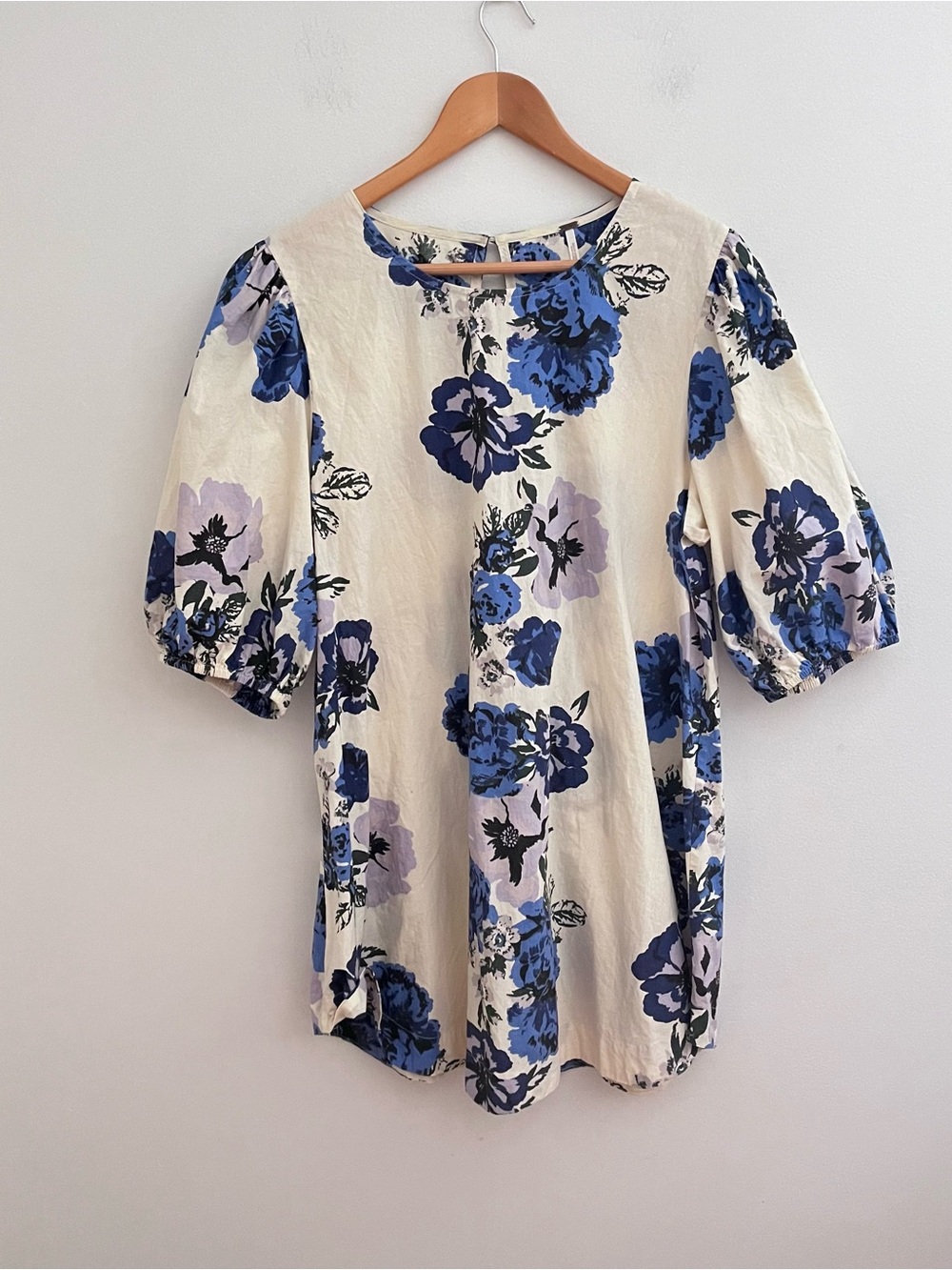 Free People Maye Poplin Mini Dress Size Large Floral Puff Sleeves Tunic Cotton
